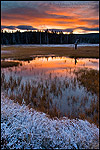 Photo: Stormy autumn sunrise reflected in pond near Midway Geyser Basin, Yellowstone National Park, Wyoming