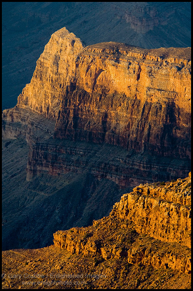 Photo: Morning light on steep cliffs on rock formations inside the Grand Canyon from Point Sublime, North Rim, Grand Canyon National Park, Arizona