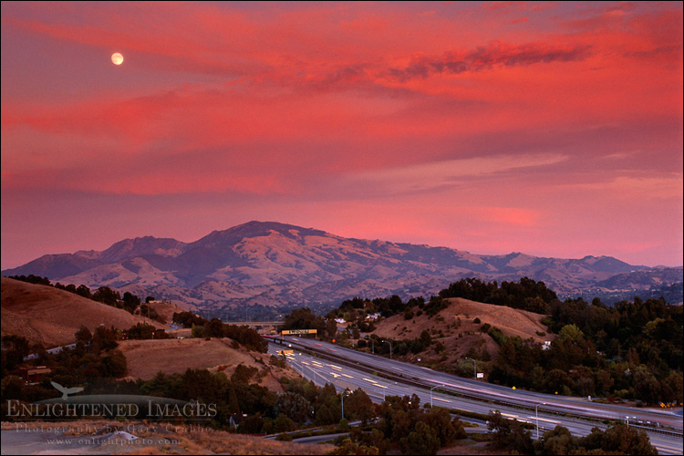 picture: Moonrise at sunset over Mt. Diablo and freeway, Lafayette, Contra Costa County, California