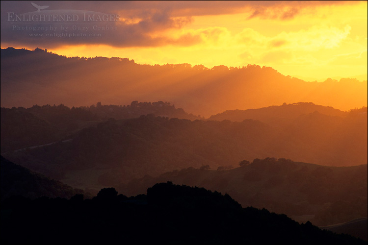 picture: Sunset over the rolling East Bay hills in spring, Briones Regional Park, Contra Costa County, California