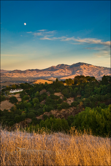 Photo: Moon over Mount Diablo at sunset as seen from Briones Regional Park, Contra Costa County, California