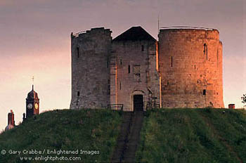 First light of day falls on the ramparts of Cliffords Tower, York, England