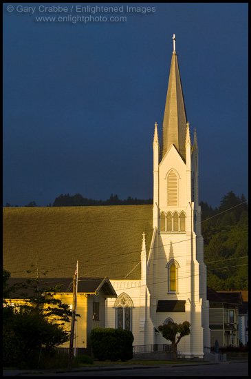 Picture: Sunrise light on church steeple, Ferndale, Humboldt County, California