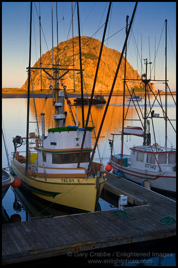 Picture: Commercial Fishing Boats and Morro Rock at sunrise, Morro Bay, California