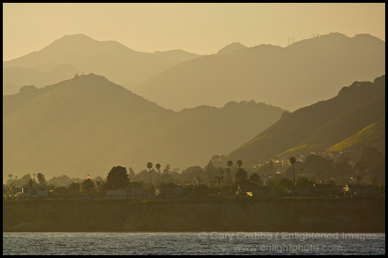 The coastal hills above Shell Beach at sunset, from Pismo Beach, California