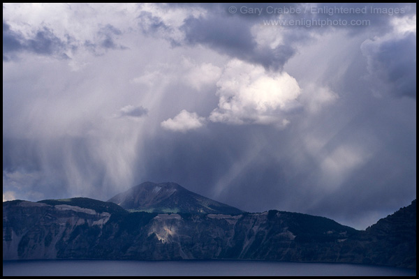 Photo: Sunlit rain storm and clouds over Mount Scott & Crater Lake, Crater Lake National Park, Oregon
