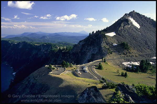 Photo: Overlooking tourist pullout below the Watchman, on the rim at Crater Lake National Park, Oregon