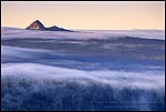 Picture: Rolling misty clouds over forest at sunrise below Union Peak, Crater Lake National Park, Oregon