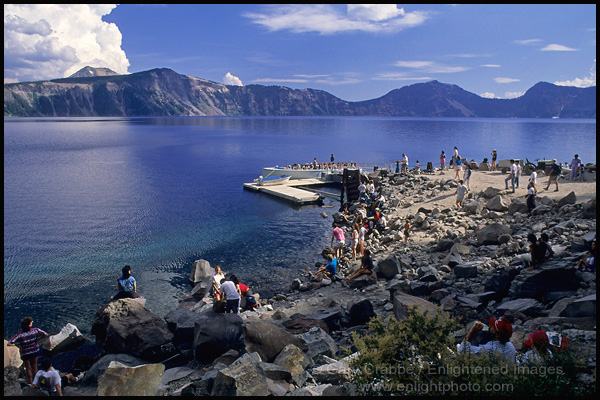 Photo: Tourist along the shore at Cleetwood Cove, only access to the water, Crater Lake National Park, Oregon