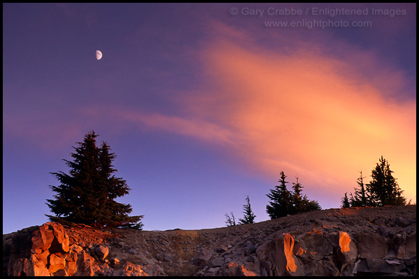 Photo: Moon and cloud at sunset over trees, Crater Lake National Park, Oregon