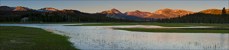 Panoramic Photo: Sunset light on mountains above a flooded Tuolumne Meadows, Yosemite National Park, California