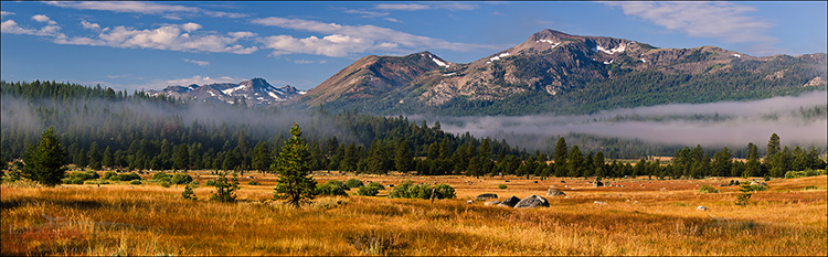 Panoramic Photo: Morning mist & fog lingers over the Hope Valley, near Carson Pass, California