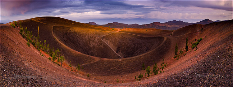 Panoramic Photo: Stormy skies above the Cinder Cone crater, Lassen Volcanic National Park, California