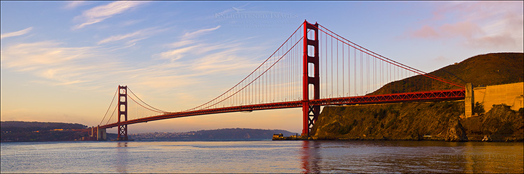 Panoramic Photo: Morning light on the Golden Gate Bridge, San Francisco Bay, California