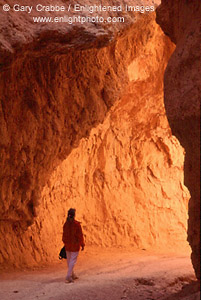 Tourist hiking through Hoodoos on the Navajo Loop Trail, Bryce Canyon National Park, Utah