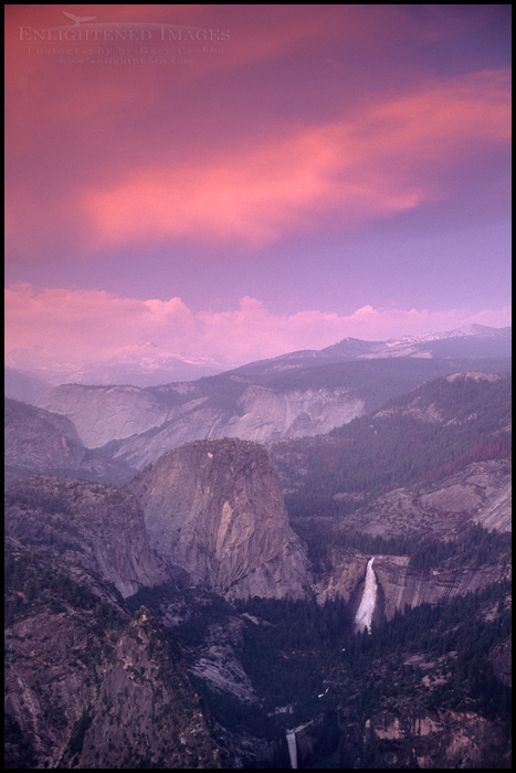 Picture: Evening light on clouds over Vernal and Nevada Falls, and Little Yosemite Valley, Yosemite National Park, California