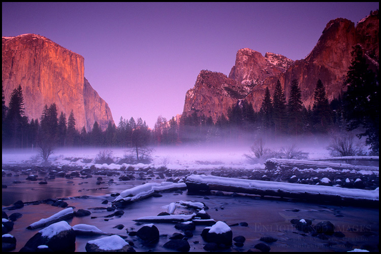 Picture: Mist rising over snow covered meadow in Winter next to Merced River, from Valley View, Yosemite Valley, Yosemite National Park, California