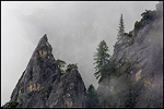 Picture: Sharp jagged pointed rock spire and trees in clouds, Yosemite National Park, California