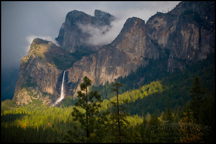 Picture: Sunlight through a breaking storm on Bridalveil Fall, Yosemite Valley, Yosemite National Park, California