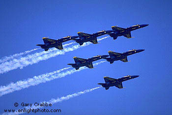 Blue Angels F-18 Hornets fly in formation over San Francisco Bay, California