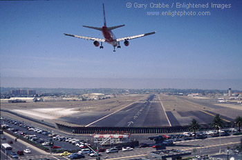 Commercial passenger jet landing at San Diego Airport, California