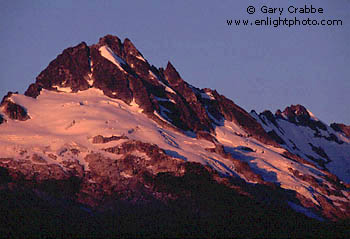 Alpenglow at sunrise on glacier covered mountain peak, near Brackendale, Sea-to-Sky Road, British Columbia, Canada