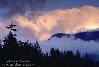Sunset light on storm clouds over coastal mountain peak and forest, above Howe Sound, Sea-to-Sky Road, near Squamish, British Columbia, Canada