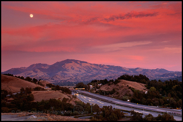 Picture: Moon and red clouds at sunset over Mount Diablo from Lafayette, California