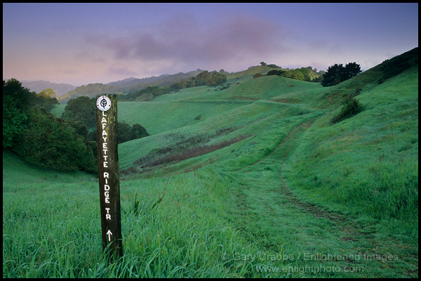 Picture: Trail marker and rolling green hills in spring, Lafayette Ridge Trail, Lafayette, California