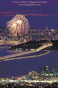 Fireworks over downtown San Francisco, from the Berkeley Hills, California