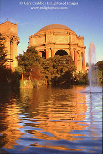 Sunrise reflection and fountain, Palace of Fine Art, Marina District, San Francisco, California
