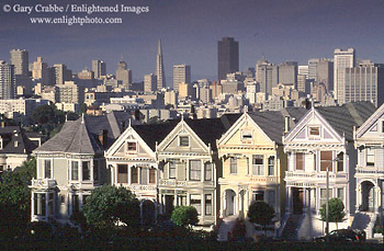 Victorian homes across from Alamo Square and downtown San Francisco, California