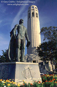 Statue of Columbus in front of Coit Tower, Telegraph Hill, San Francisco, California