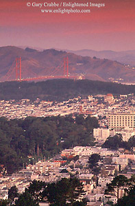 Looking toward the Golden Gate Bridge at dawn from Twin Peaks, San Francisco, California