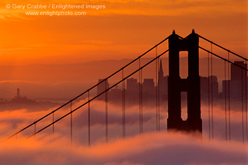 Sunrise and fog at the Golden Gate Bridge, San Francisco, California
