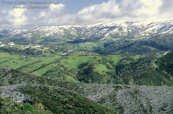 Spring snow storm blankets the rugged green rolling foothills of rural Santa Clara County, near Mount Hamilton, California