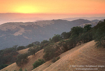 Sunset over rolling oak tree and grass covered hills along Palassou Ridge, near Mount Hamilton, Santa Clara County, California