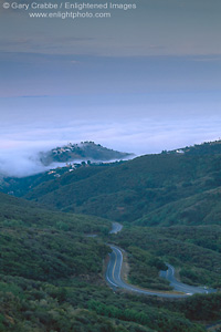 Mountain Road and coastal fog in the Santa Monica Mountain, above Malibu, Southern California Coast