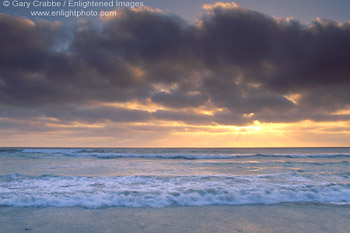 Sunset and coastal fog over the Pacific Ocean, from Del Mar Beach, San Diego County, California