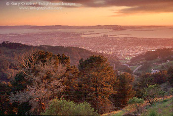 Sunset over Oakland and San Francisco Bay from the Berkeley Hills, Alameda County, California
