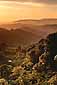 Sunrise over rolling green hills in spring, near Orinda, from the Berkeley Hills, Contra Costa County,  San Francisco Bay Area, California