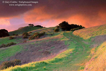 Stormy sunset over trail in Briones Regional Park, above Lafayette, Contra Costa County, California