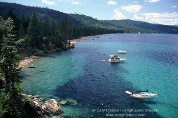 Clear water and boats at Rubicon Bay, Lake Tahoe, California