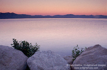 Looking across the lake at sunrise from the East Shore, Lake Tahoe, Nevada