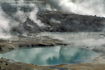 Steam vent fumarole and water pool at Bumpass Hell, Lassen Volcanic National Park, California; Stock Photo photography picture image photograph fine art decor print wall mural gallery