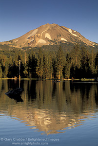 Mount lassen volcano reflected in Manzanita Lake at sunset, Lassen Volcanic National Park, California; Stock Photo photography picture image photograph fine art decor print wall mural gallery