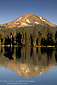 Mount lassen volcano reflected in Manzanita Lake at sunset, Lassen Volcanic National Park, California