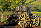 Wagon and Wine Barrels at sunset, Jepson Vineyards, near Ukiah, Mendocino County, Californi