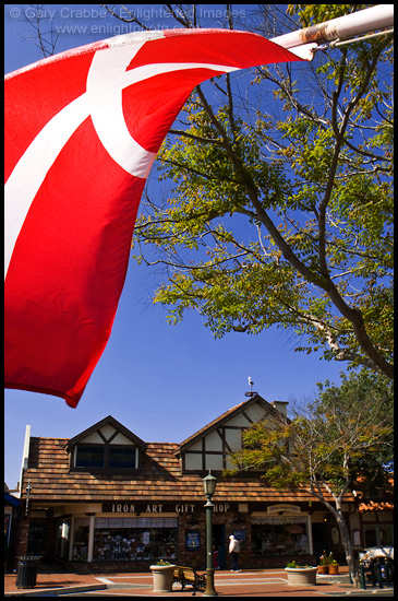 Photo: Danish flag hanging in the tourist village of Solvang, Santa Barbara County, California