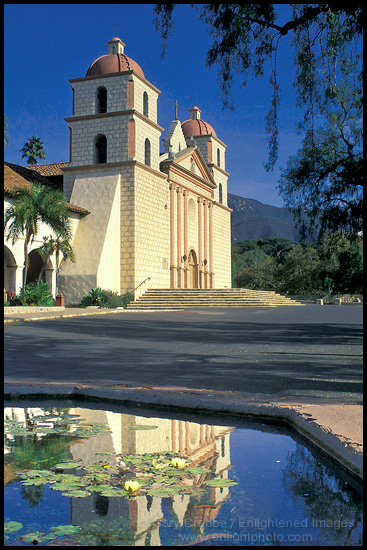 Photo: Front of the Historic Mission Santa Barbara Chapel reflected in fountain water, Santa Barbara, California